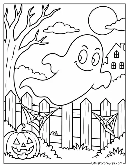 Ghost Floating with a Sly Grin Past a Fence Draped in Cobwebs Coloring Page