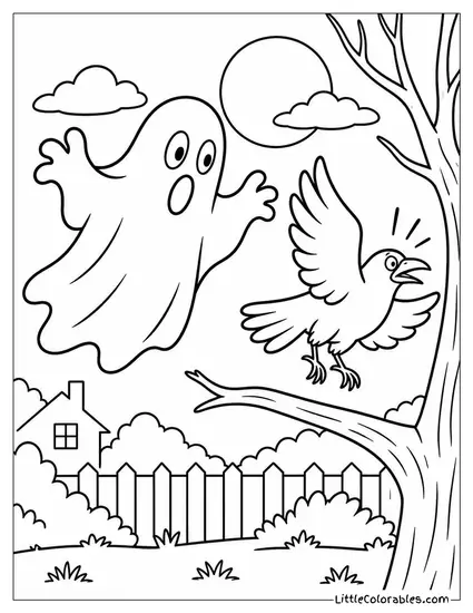 Ghost Floating with Arms Outstretched Startling a Raven Off Its Perch Coloring Page