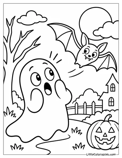 Ghost Gasping with Wide Eyes as a Bat Swoops Past Its Head Coloring Page