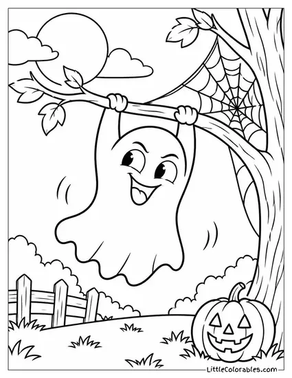 Ghost Giggling Mischievously While Dangling from a Web Covered Branch Coloring Page