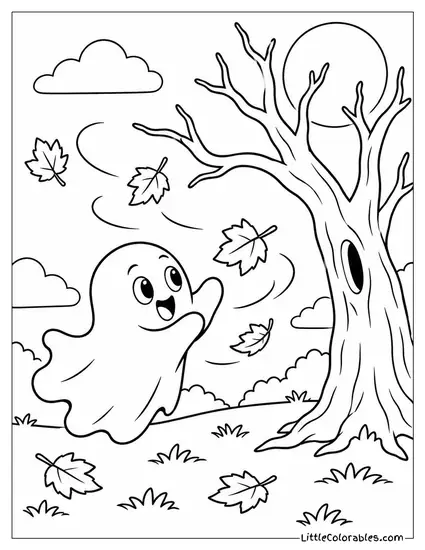 Ghost Giggling While Chasing Fallen Leaves Swirling Around a Dead Tree Coloring Page