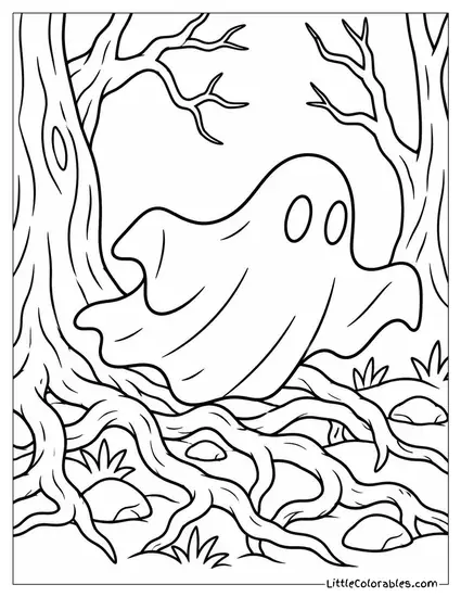 Ghost Gliding Low Over a Patch of Gnarled Twisted Tree Roots Coloring Page