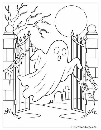 Ghost Gliding Through a Graveyard Gate Tangled in Torn Cobwebs Coloring Page