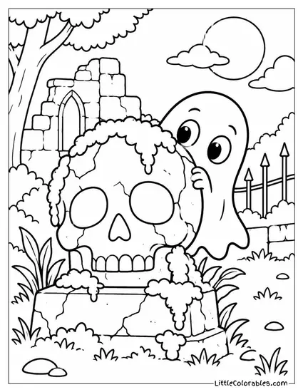 Ghost Hiding Behind a Mossy Skull Statue with Wide Curious Eyes Coloring Page