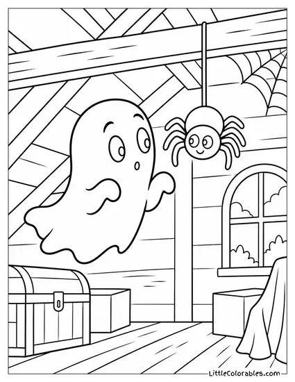 Ghost Hovering Curiously Near a Spider Lowering Itself from a Rafter Coloring Page