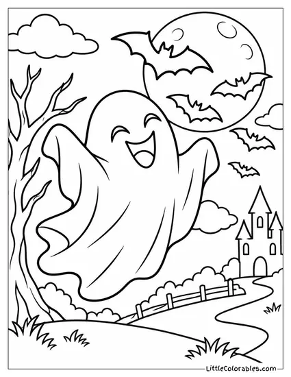 Ghost Laughing with Its Sheet Fluttering as Bats Stream Past the Moon Coloring Page