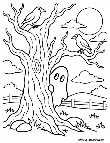 Ghost Peeking Around a Gnarled Tree with Crows Perched Above Coloring Page