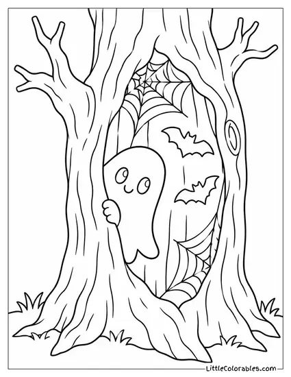 Ghost Peeking from a Hollow Tree Stuffed with Cobwebs and Bats Coloring Page