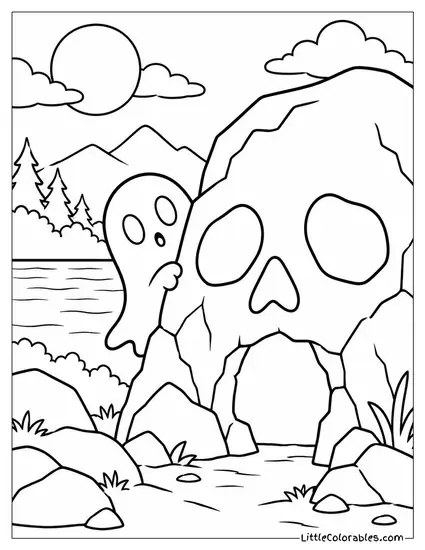 Ghost Peeking from Behind a Skull Shaped Rock Formation Coloring Page