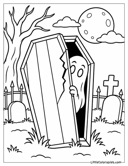 Ghost Peeking from Inside a Cracked Coffin Lid at Midnight Coloring Page