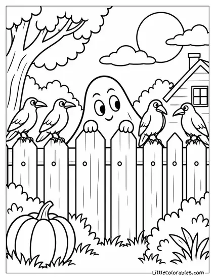 Ghost Peeking Mischievously from Behind a Fence Lined with Crows Coloring Page
