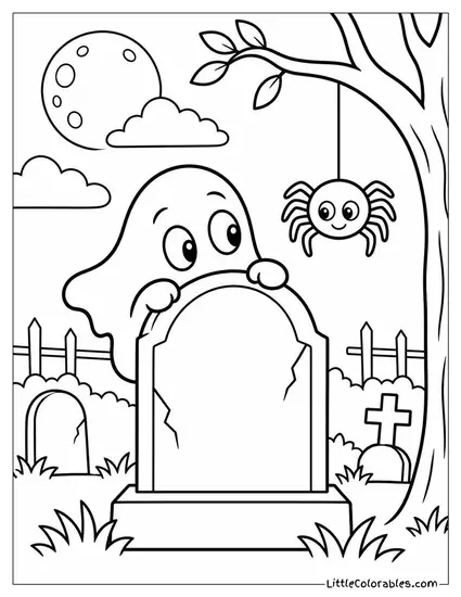 Ghost Peeking Over a Tombstone at a Spider Dangling Nearby Coloring Page
