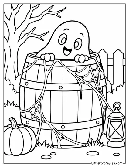 Ghost Peeking Playfully from a Barrel Covered in Spider Silk Coloring Page
