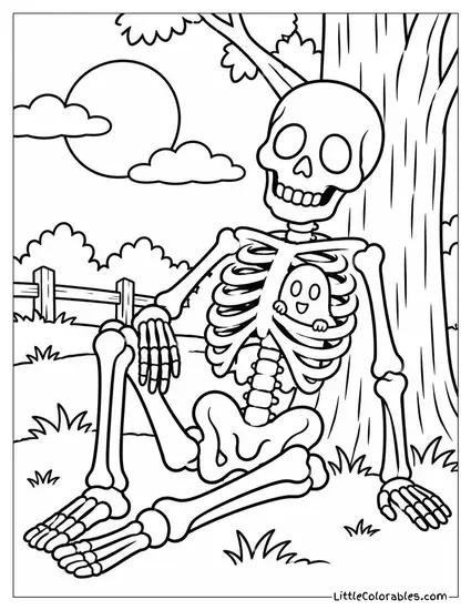 Ghost Peeking Through the Ribs of a Skeleton Propped by a Tree Coloring Page