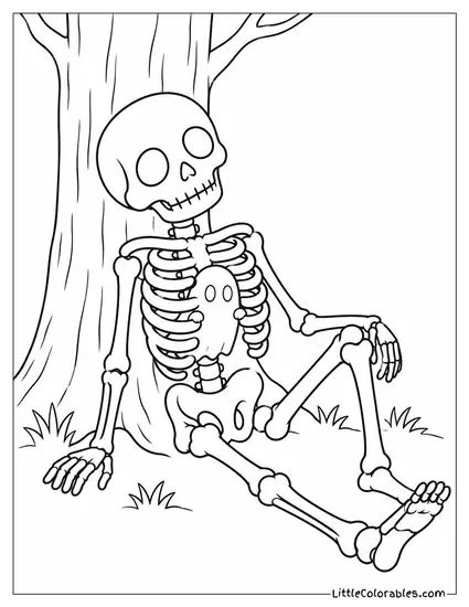 Ghost Peeking Through the Ribs of a Skeleton Slumped by a Tree Coloring Page