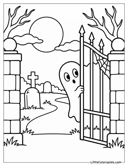 Ghost Sneaking a Peek from Behind a Web Strung Graveyard Gate Coloring Page