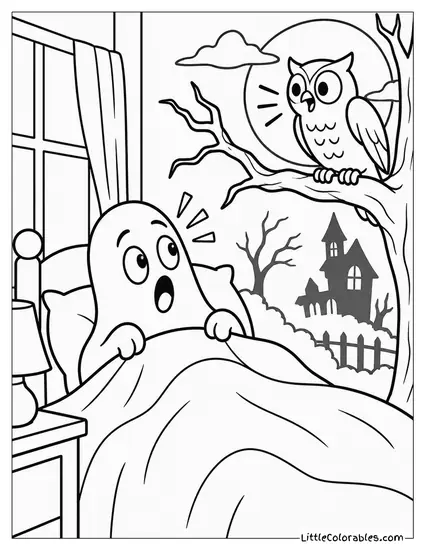 Ghost Startled Awake by an Owl Hooting from a Spooky Branch Coloring Page