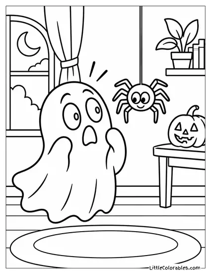 Ghost Startled by a Spider Dropping Down Right in Front of It Coloring Page