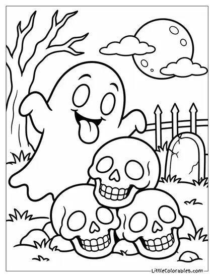Ghost Sticking Its Tongue Out Playfully Beside a Grinning Skull Pile Coloring Page