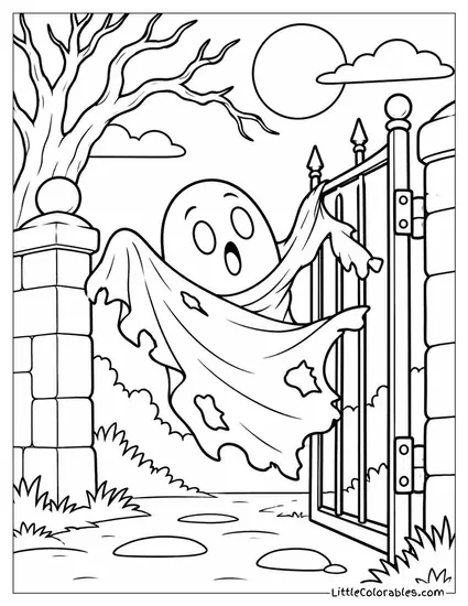 Ghost Tangled in a Torn Sheet Fluttering Near a Creaking Gate Coloring Page