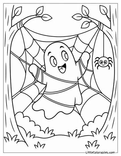 Ghost Tangled Playfully in a Spiderweb Stretched Between Two Branches Coloring Page