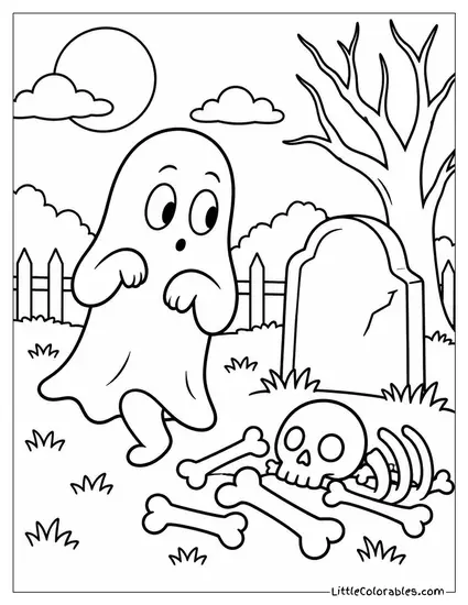 Ghost Tiptoeing Past a Pile of Bones Scattered Near a Tombstone Coloring Page