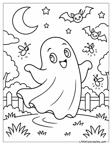 Ghost Twirling Happily While Fireflies and Bats Flicker Around It Coloring Page