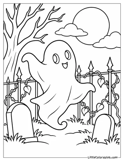 Ghost Twirling Near a Graveyard Fence Tangled with Dead Vines Coloring Page