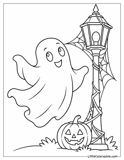 Ghost Twirling Near a Lantern Post Wrapped Thick in Cobwebs Coloring Page