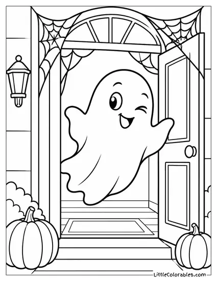 Ghost with a Cheeky Wink Drifting Through a Web Draped Doorway Coloring Page