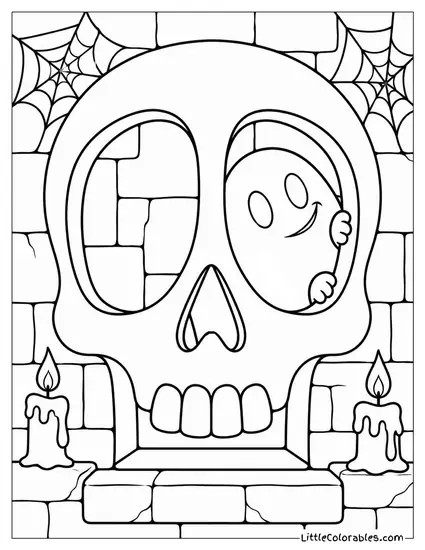 Ghost with a Crooked Smile Peeking Through a Skull Shaped Window Coloring Page