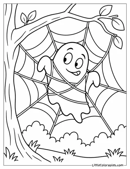 Ghost with a Lopsided Grin Caught in a Web Strung Across a Branch Coloring Page