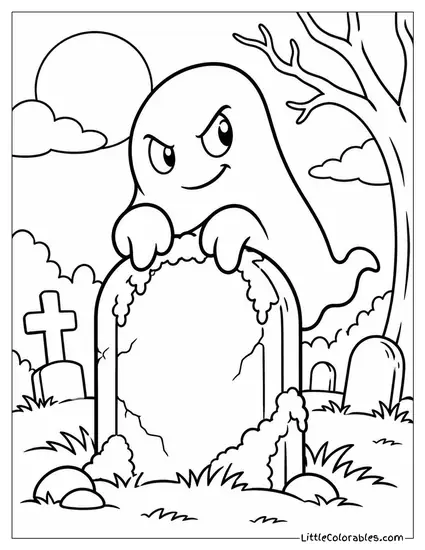 Ghost with a Mischievous Smirk Perched Atop a Mossy Gravestone Coloring Page