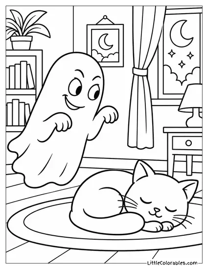 Ghost with a Sly Grin Sneaking Past a Sleeping Black Cat Coloring Page