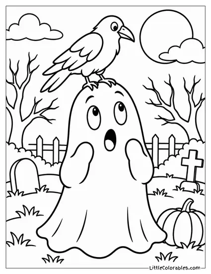 Ghost with a Surprised Expression as a Crow Lands on Its Head Coloring Page
