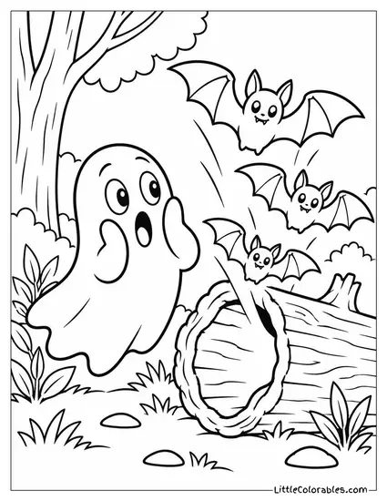 Ghost with a Surprised Gasp as Bats Burst from a Hollow Log Coloring Page
