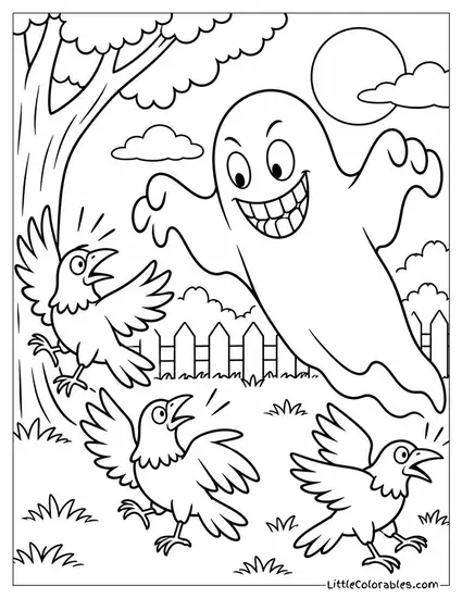 Ghost with a Wide Toothyrin Startling a Group of Crows Coloring Page