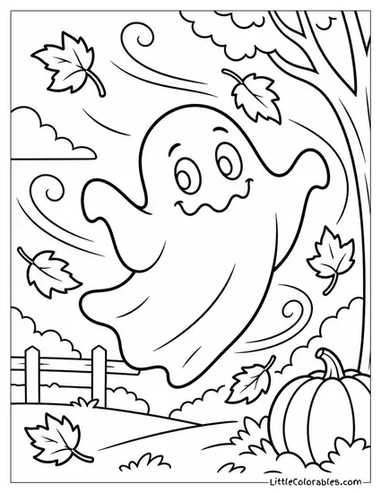 Ghost with a Wobbly Grin Caught in a Gust Swirling Autumn Leaves Coloring Page