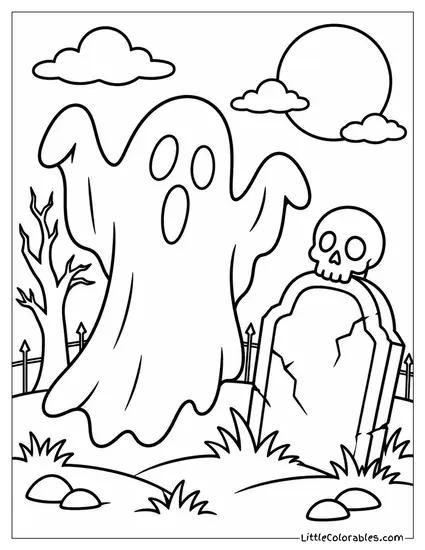 Ghost with Arms Raised Mid Boo Beside a Crooked Skull Topped Tombstone Coloring Page