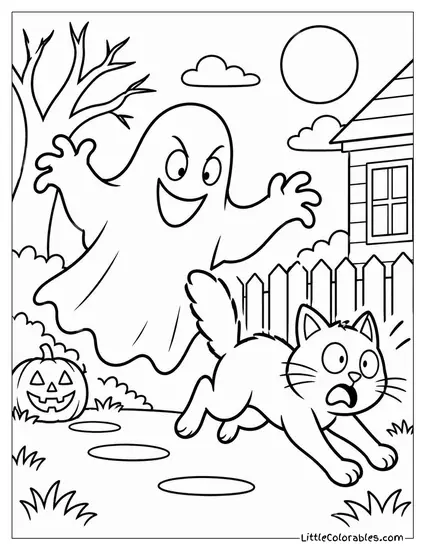 Ghost with Arms Stretched Wide Chasing a Startled Black Cat Coloring Page