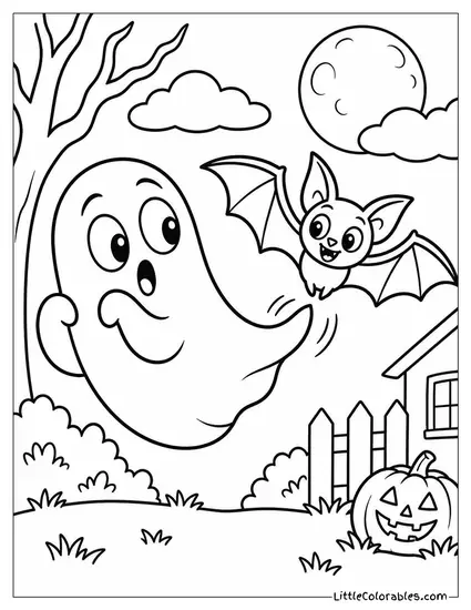 Ghost with Wide Eyes as a Bat Brushes Past Its Wispy Tail Coloring Page
