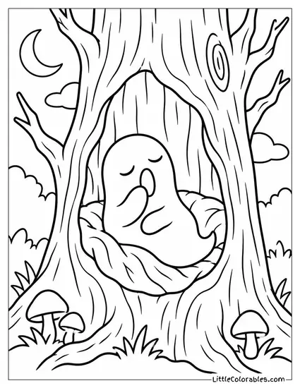 Ghost Yawning Sleepily Curled Up Inside a Hollow Spooky Tree Coloring Page