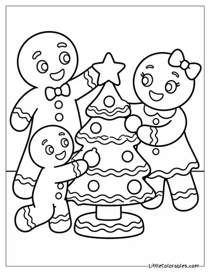 Gingerbread Family Decorating a Small Cookie Tree Coloring Page