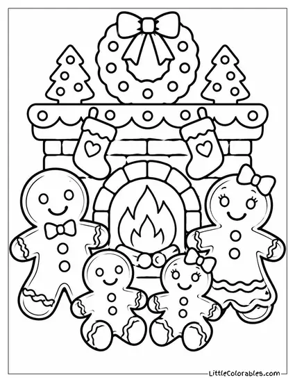 Gingerbread Family Gathered Around a Cookie Fireplace Coloring Page