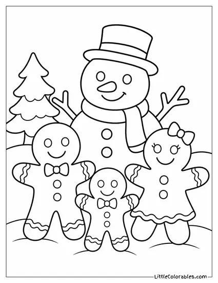 Gingerbread Family Standing Beside a Snowman Coloring Page
