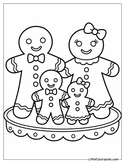 Gingerbread Family Standing Together on a Tray Coloring Page