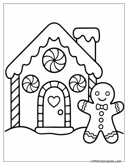 Gingerbread House with a Gingerbread Man Beside It Coloring Page