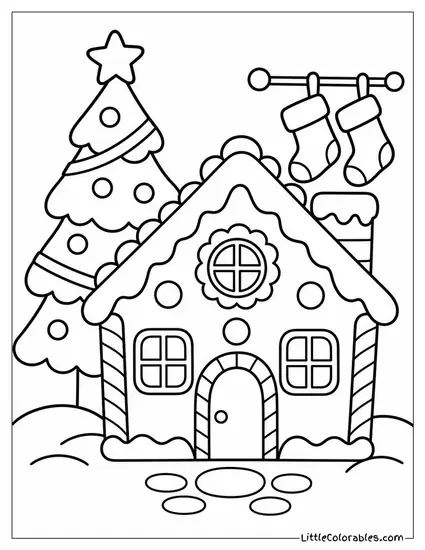Gingerbread House with a Tree and Stockings Coloring Page