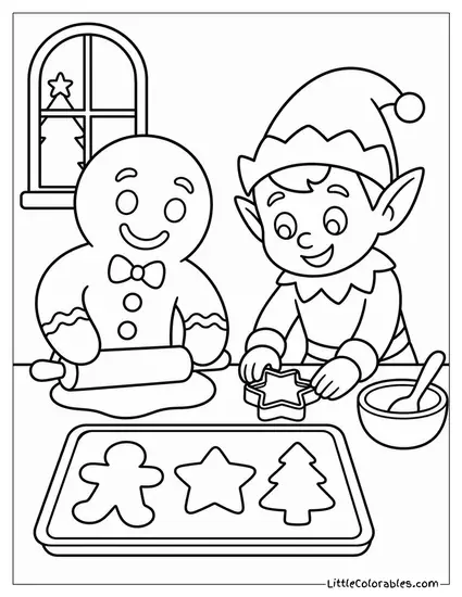Gingerbread Man and Elf Baking Christmas Cookies Coloring Page
