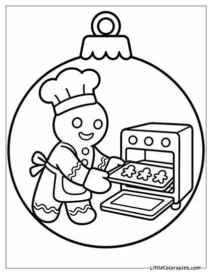 Gingerbread Man Baking Cookies in a Tiny Oven Coloring Page